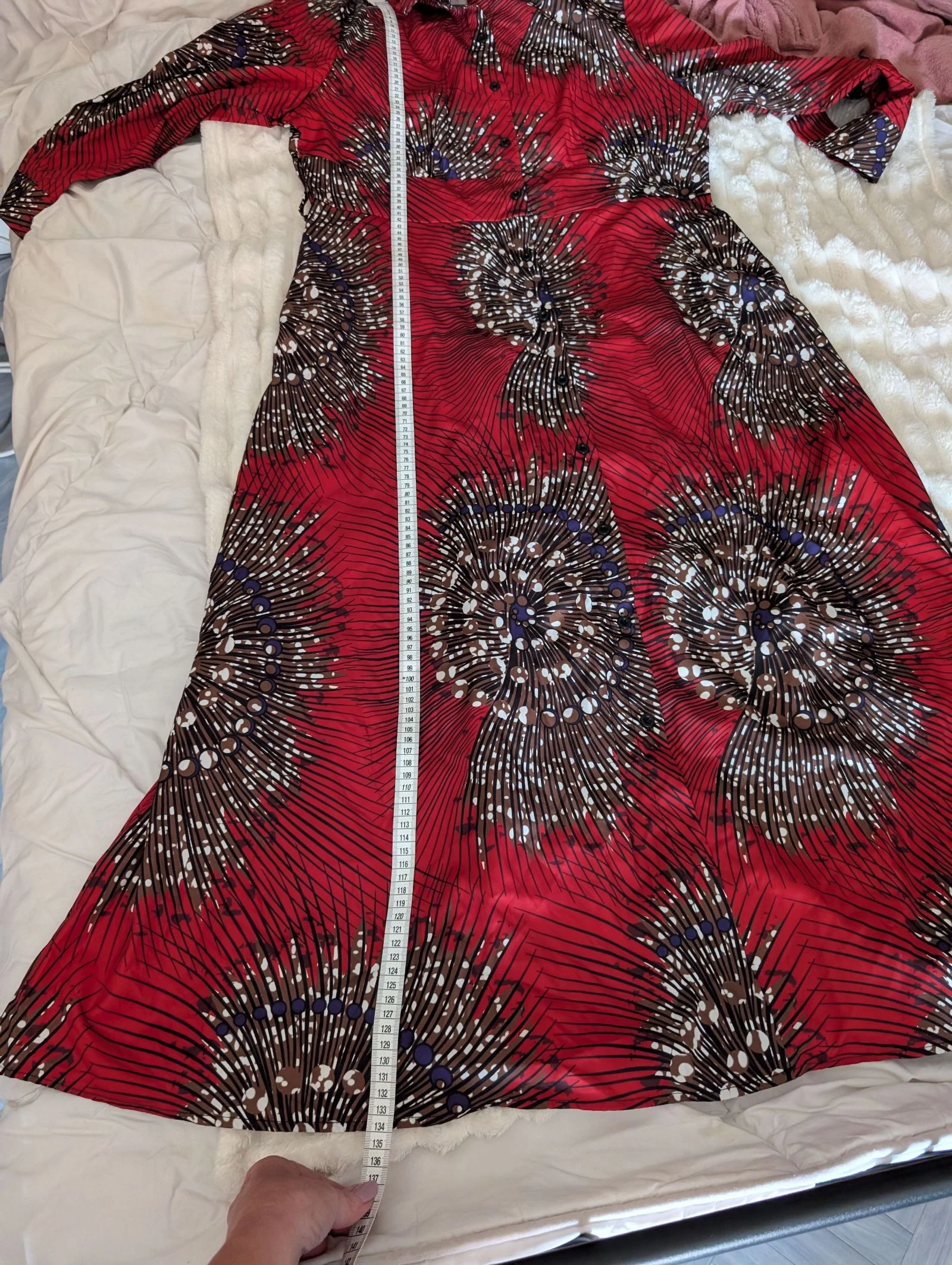Maravilhoso Vestido longo estilo camisa com estampa gráfica vermelha e preta elegante - Tamanho 0XL – photo 11